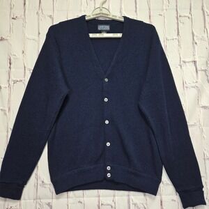 Vintage Jantzen Classics Men Navy Blue Button Front V-Neck Cardigan Sweater Sz L